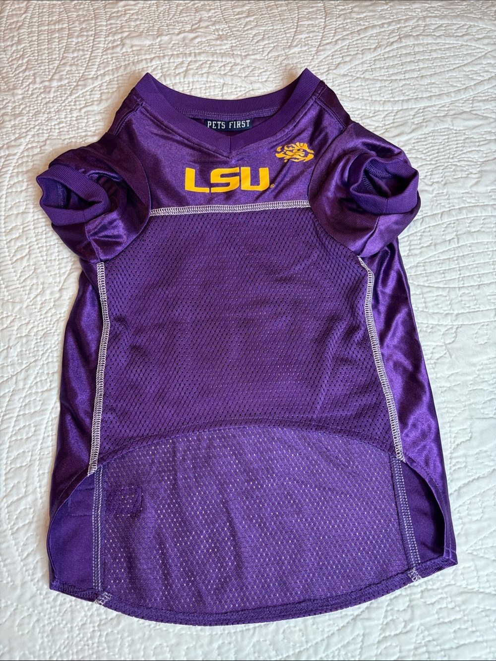 Pets First Purple LSU Pet Jersey with Gold Logo